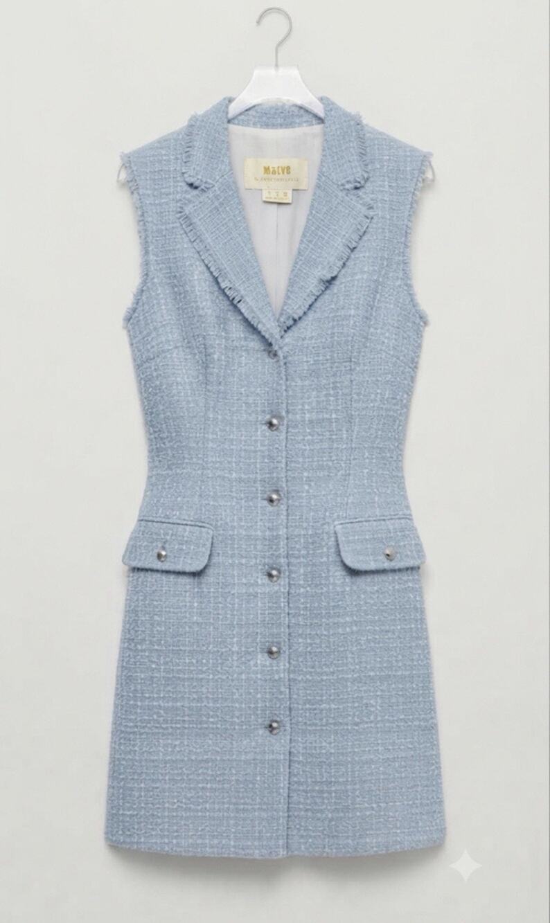 Maeve by Anthropologie Blue Tweed Blazer Dress Collared Lined Button Size 2